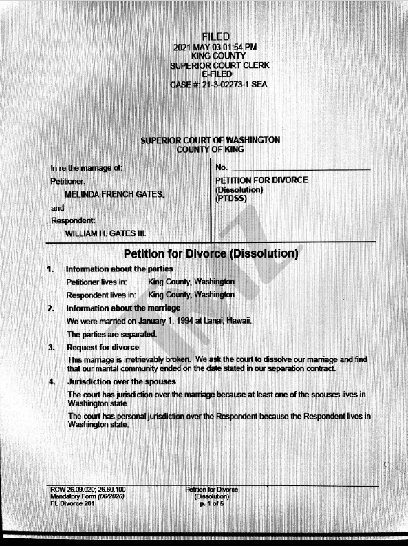 美媒曝盖茨离婚文件由梅琳达提起申请未来不要求配偶支持